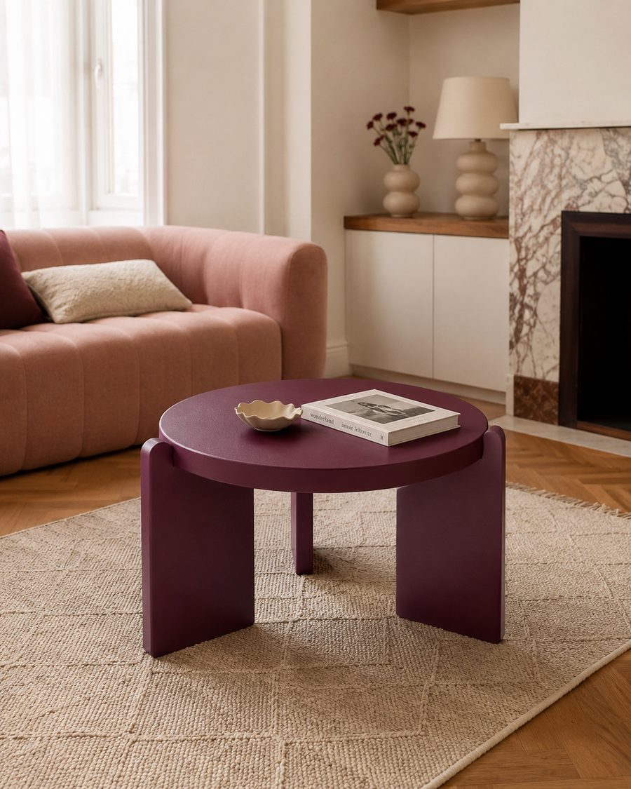 Aubergine round side table, custom commission 2026
