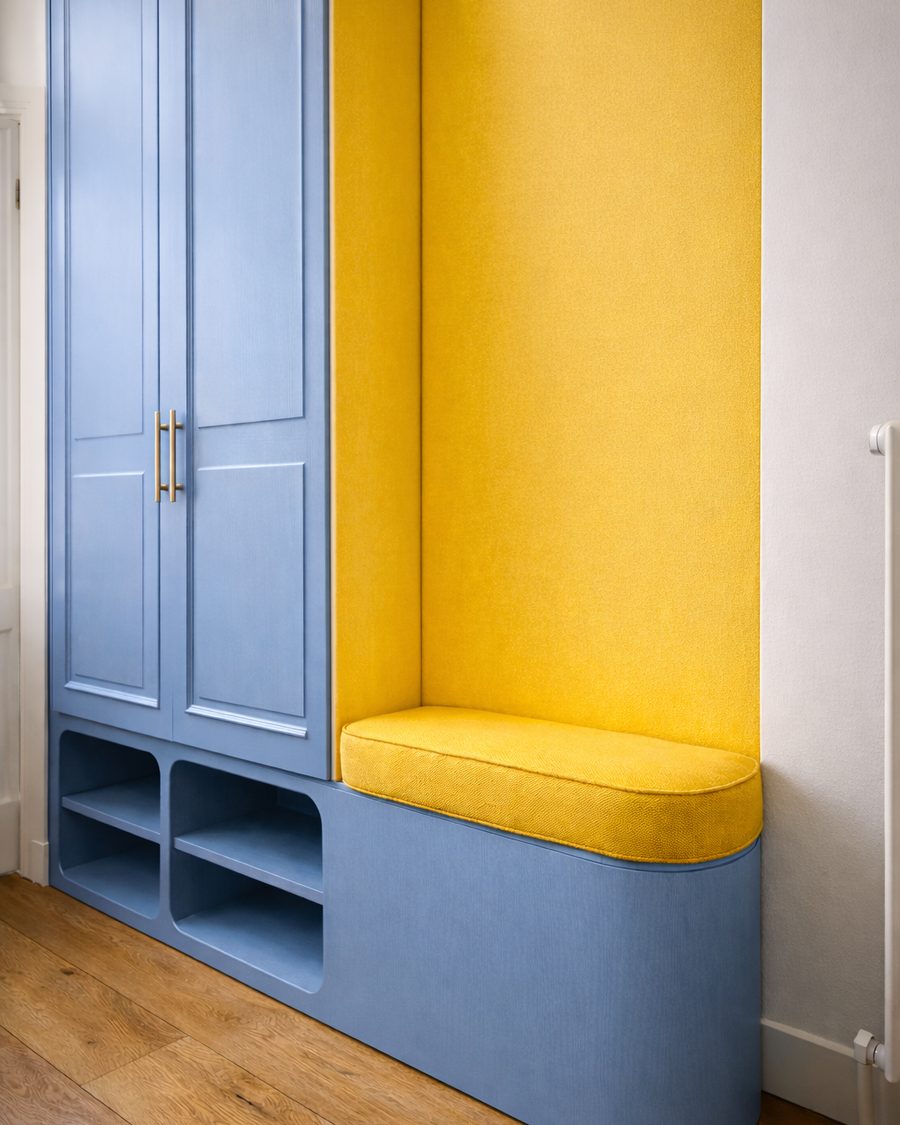 Narrow tall hallway storage with bench, custom commission 2025